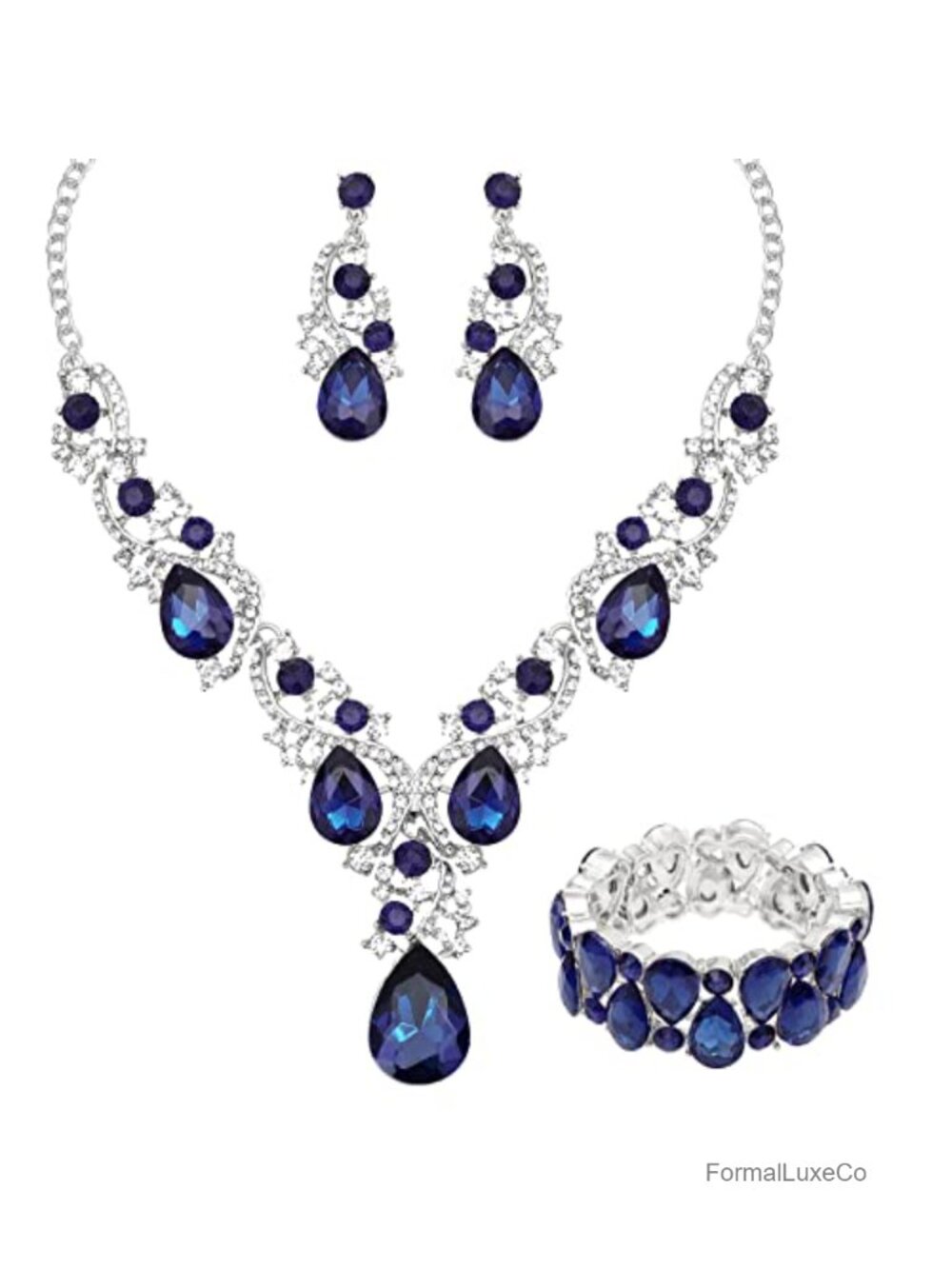 Womens Bridal Jewelry Set with Teardrop Crystal Necklace Earrings Bangle